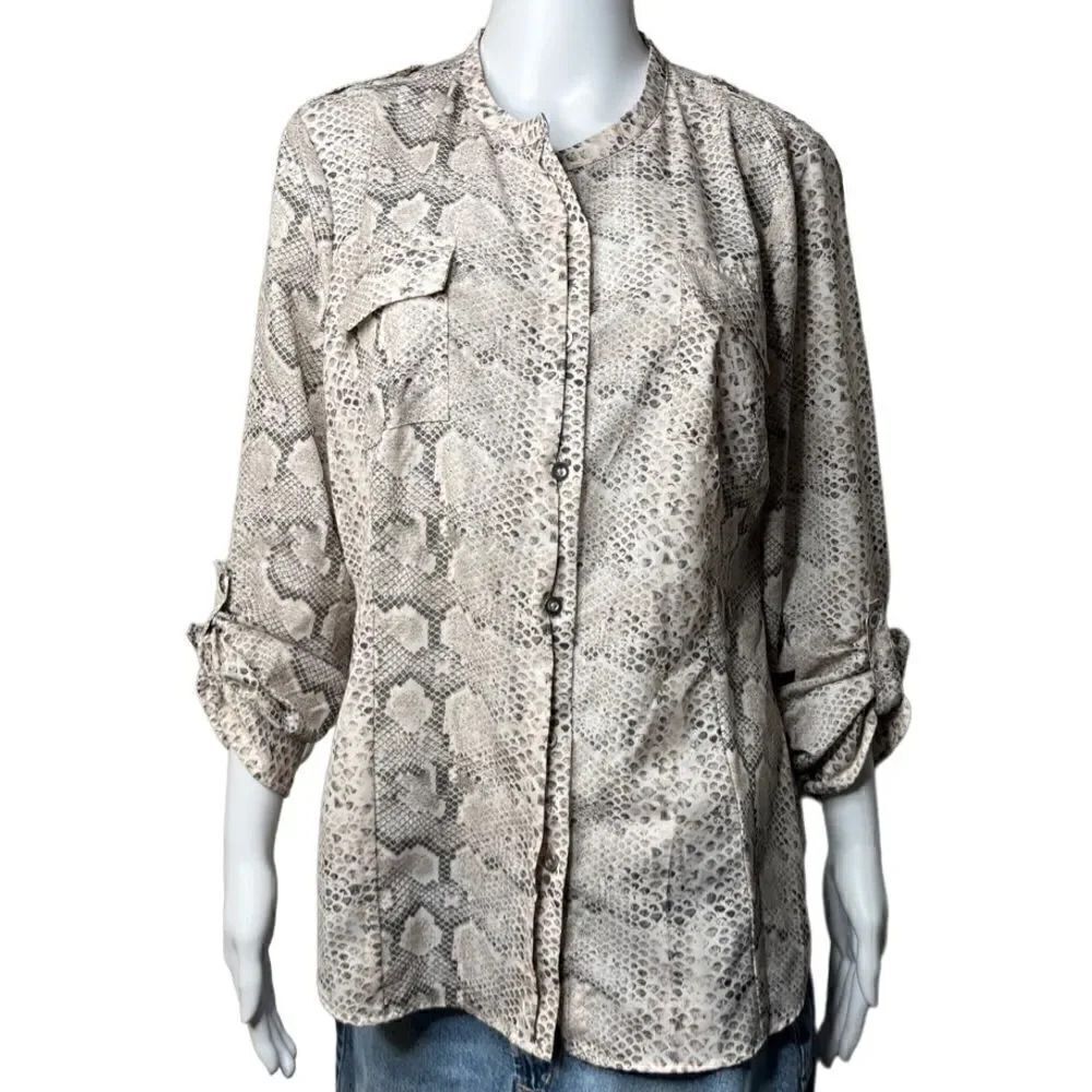 Calvin Klein Snake Print Button Down Dress Shirt Cream & Brown Size Large